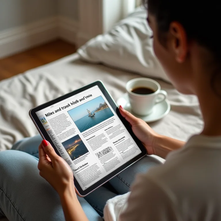 Mulher lendo notícias sobre milhas em um tablet.