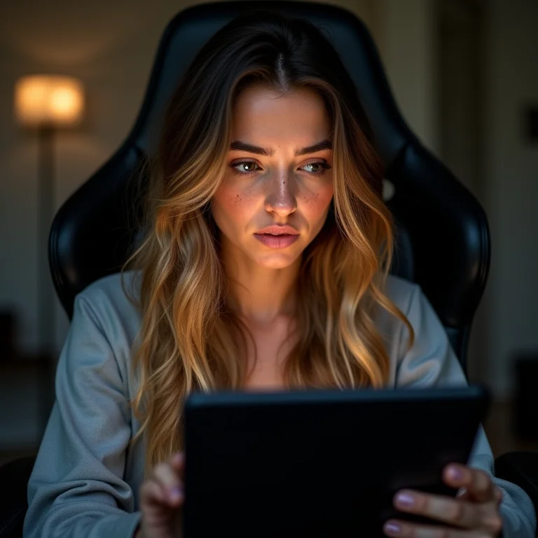 Mulher lendo reviews de cadeiras gamer em um tablet