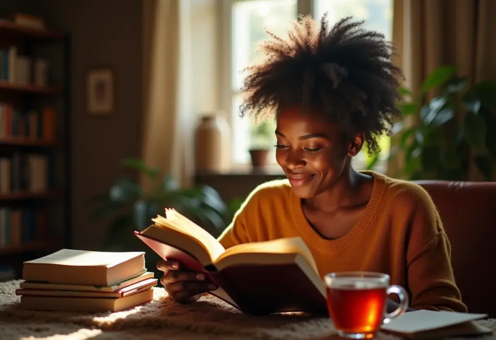 Mulher lendo um livro de romance new adult em ambiente aconchegante