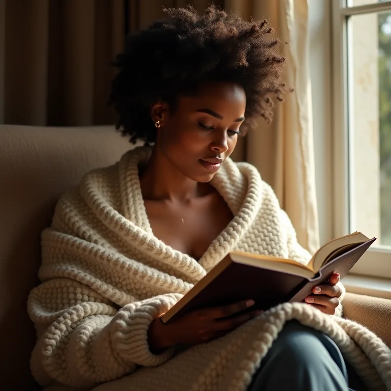 Mulher lendo um livro físico em um refúgio acolhedor