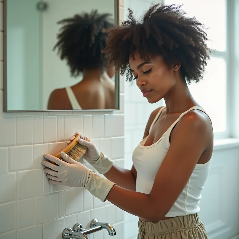 Mulher limpando azulejos do banheiro com escova e produto de limpeza