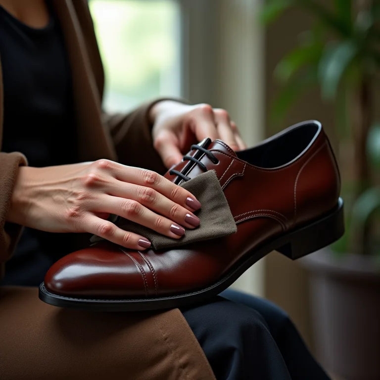 Mulher limpando sapato de couro exótico com cuidado