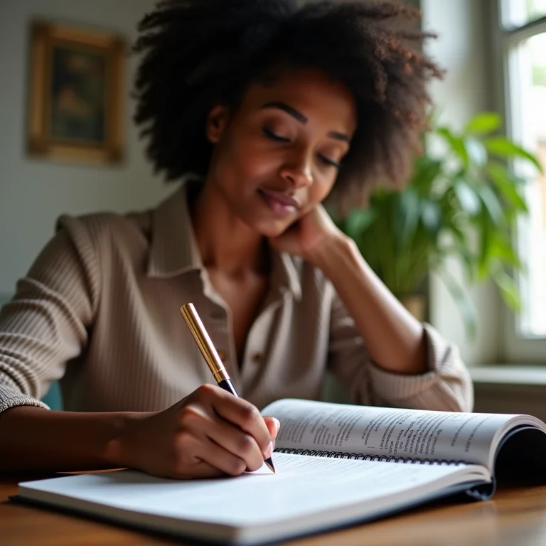 Mulher listando suas fontes de receita em um caderno.