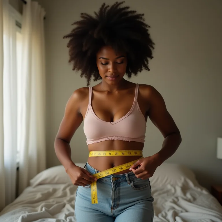 Mulher medindo a cintura com uma fita métrica, representando massa gorda