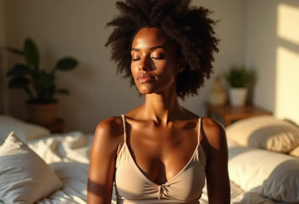 Mulher meditando em um domingo ensolarado