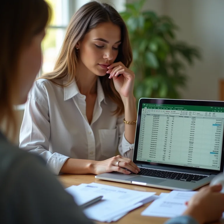 Mulher mid-size categorizando gastos em uma planilha do Excel.