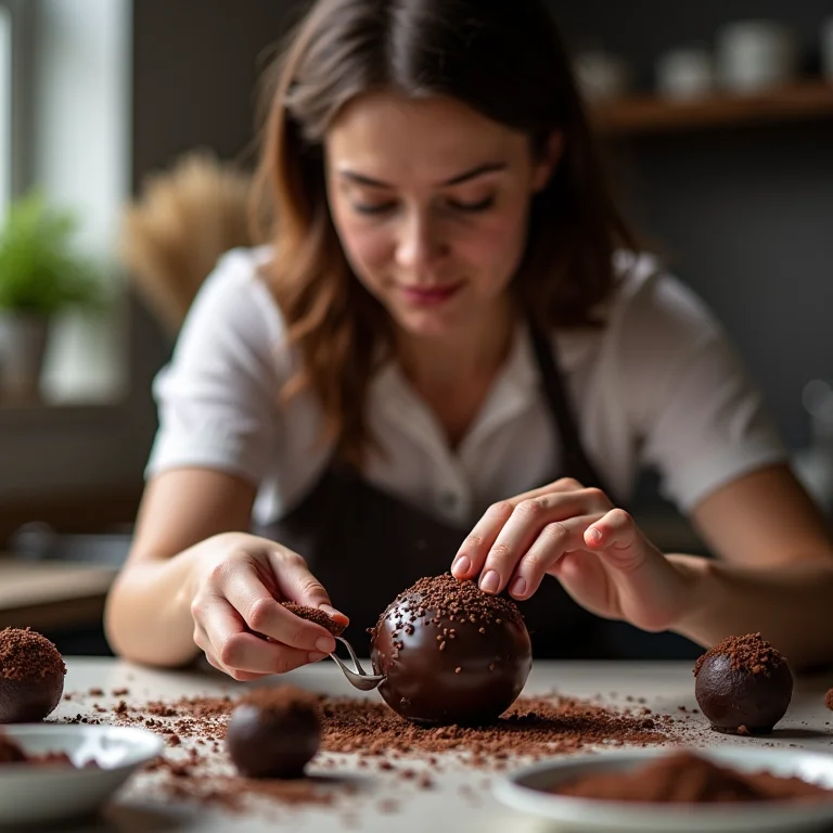 Mulher mid-size decorando brigadeiro de chocolate belga.