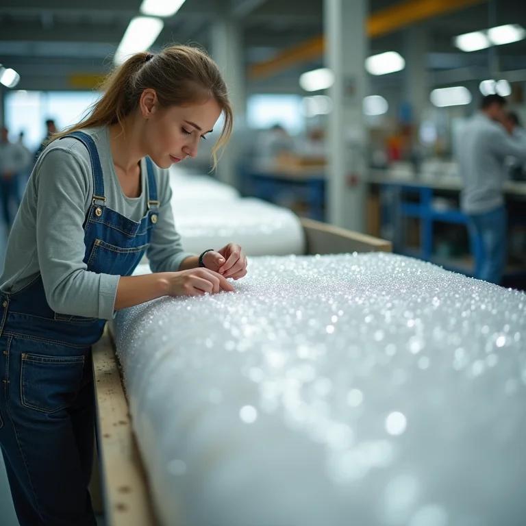 Mulher mid-size inspecionando produção de plástico bolha.