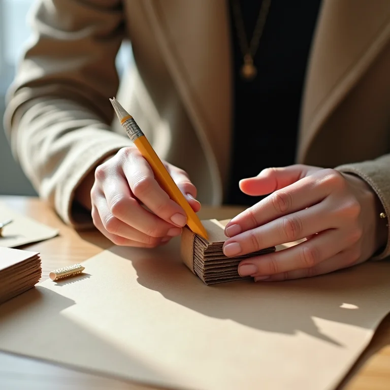 Mulher montando um porta-lápis de papelão passo a passo.