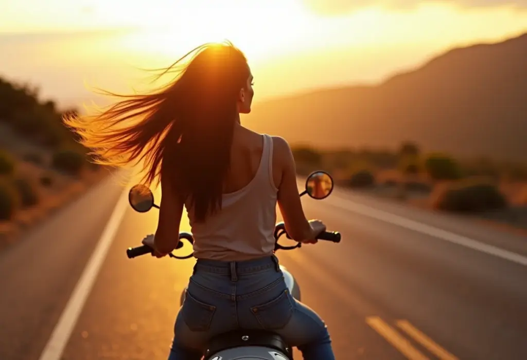 Mulher motociclista curtindo a Estrada da Graciosa em dia ensolarado.