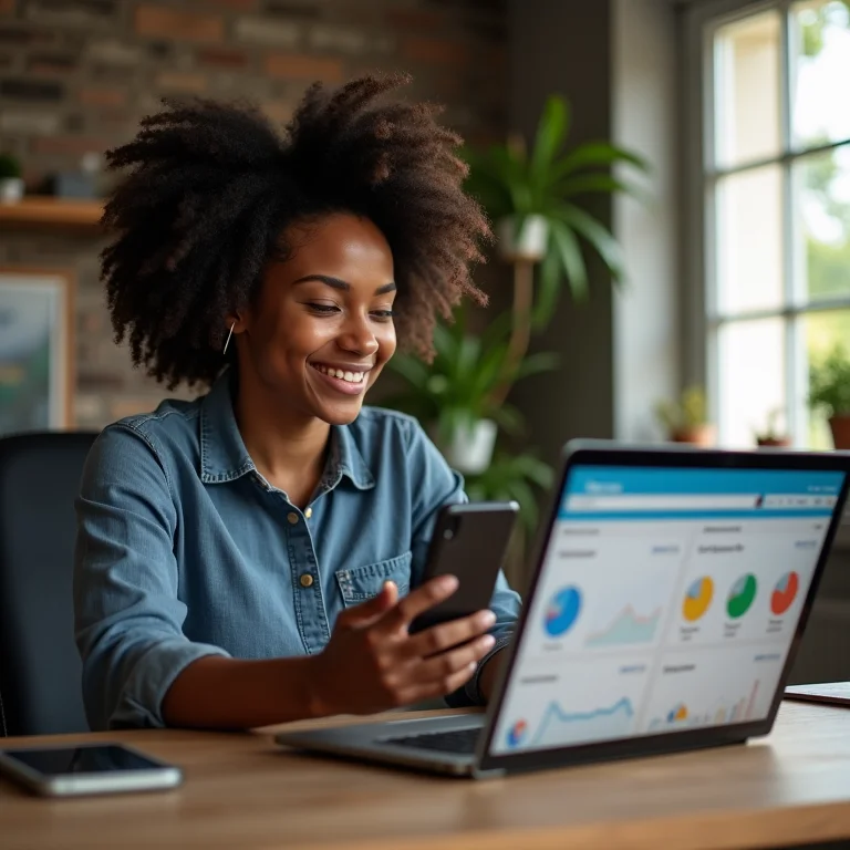 Mulher negra analisando dados de marketing digital em casa