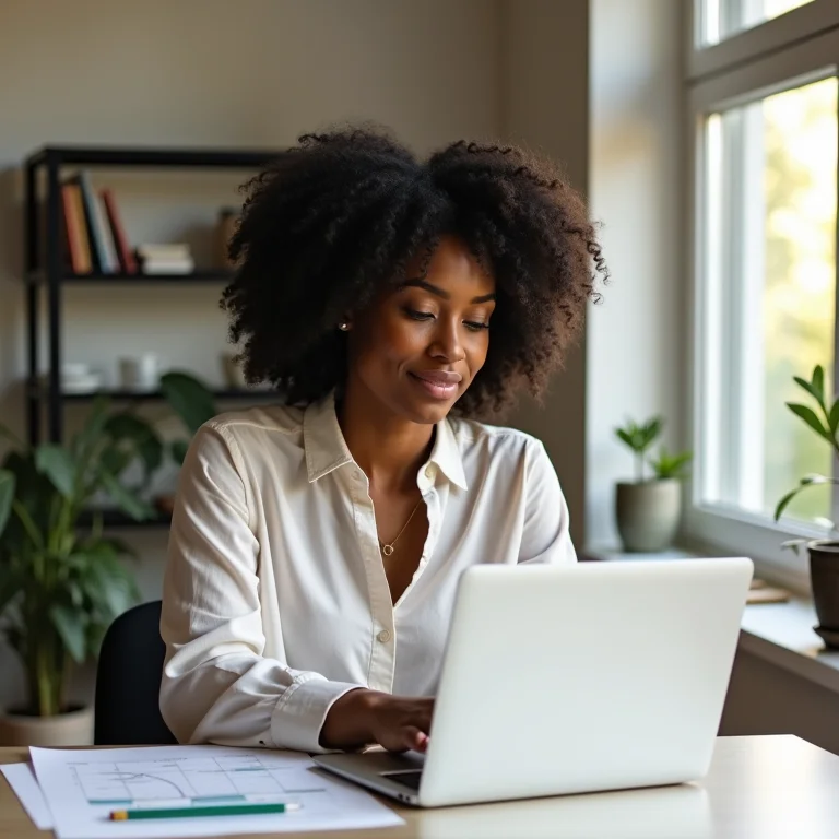 Mulher negra analisando preços em seu laptop