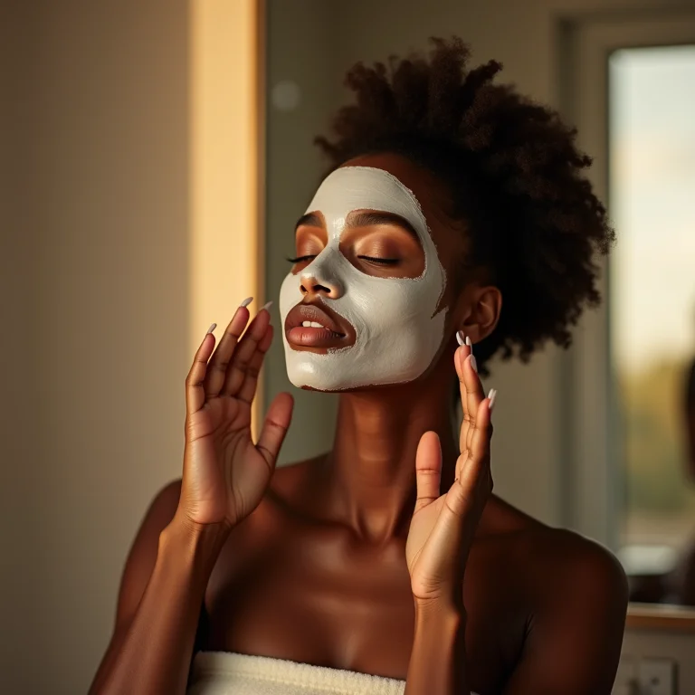 Mulher negra aplicando máscara facial em um domingo relaxante