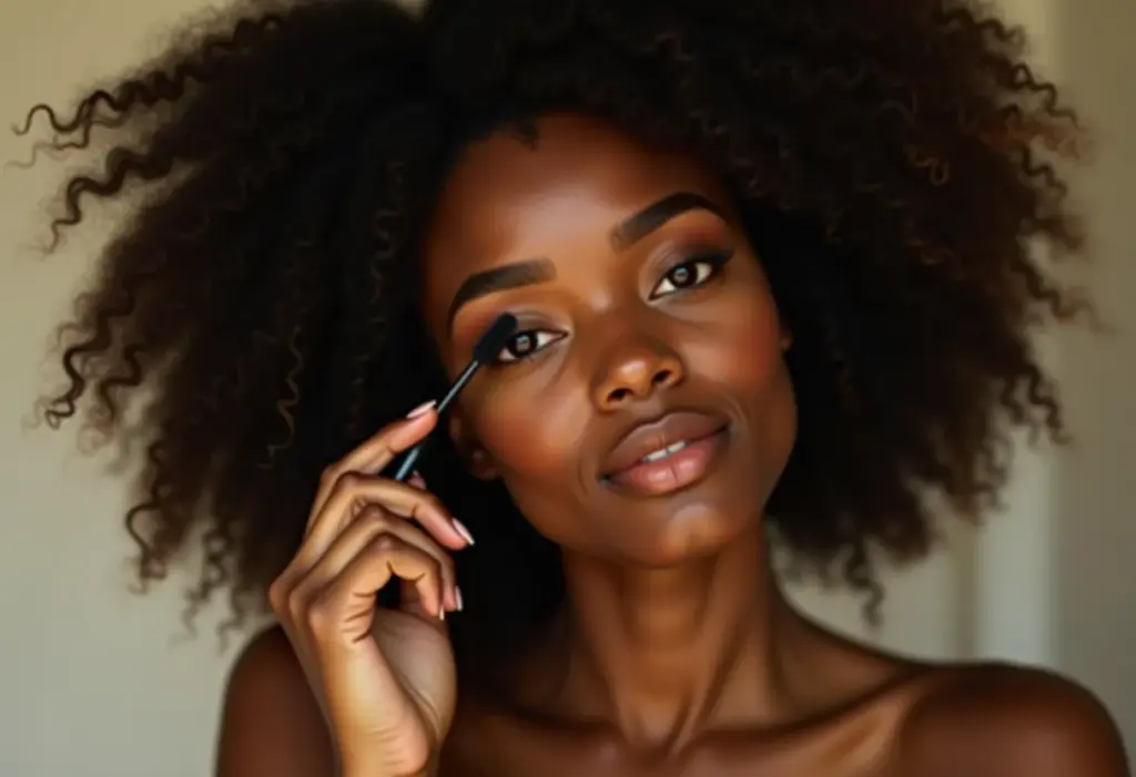 Mulher negra aplicando rímel à prova d'água para um olhar impecável.