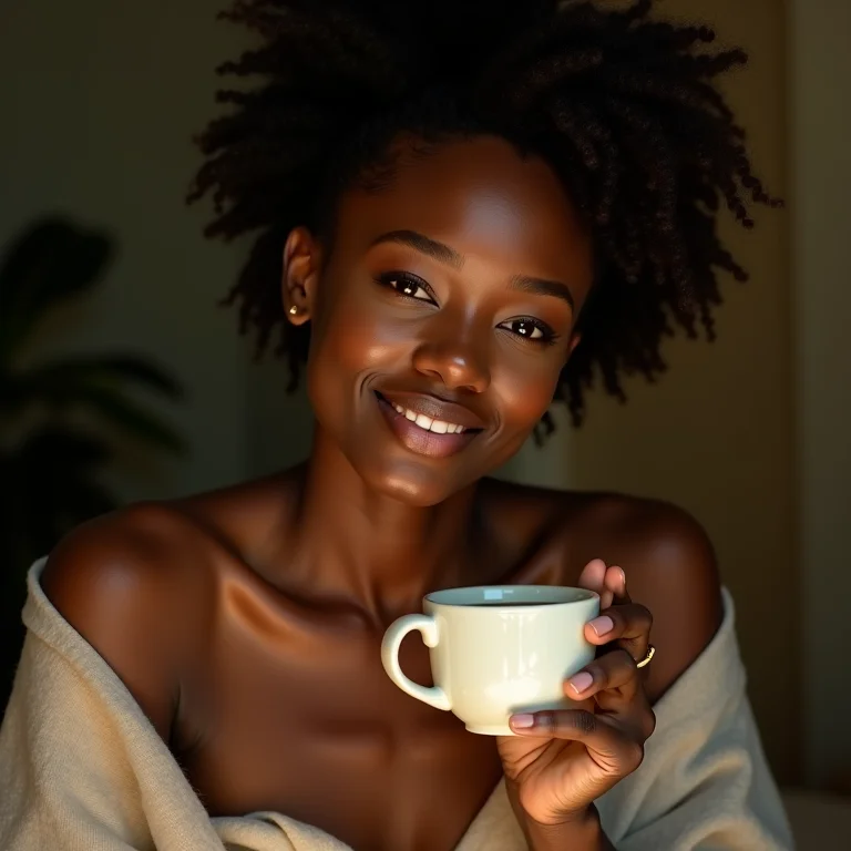 Mulher negra bebendo chá de ervas com expressão serena.