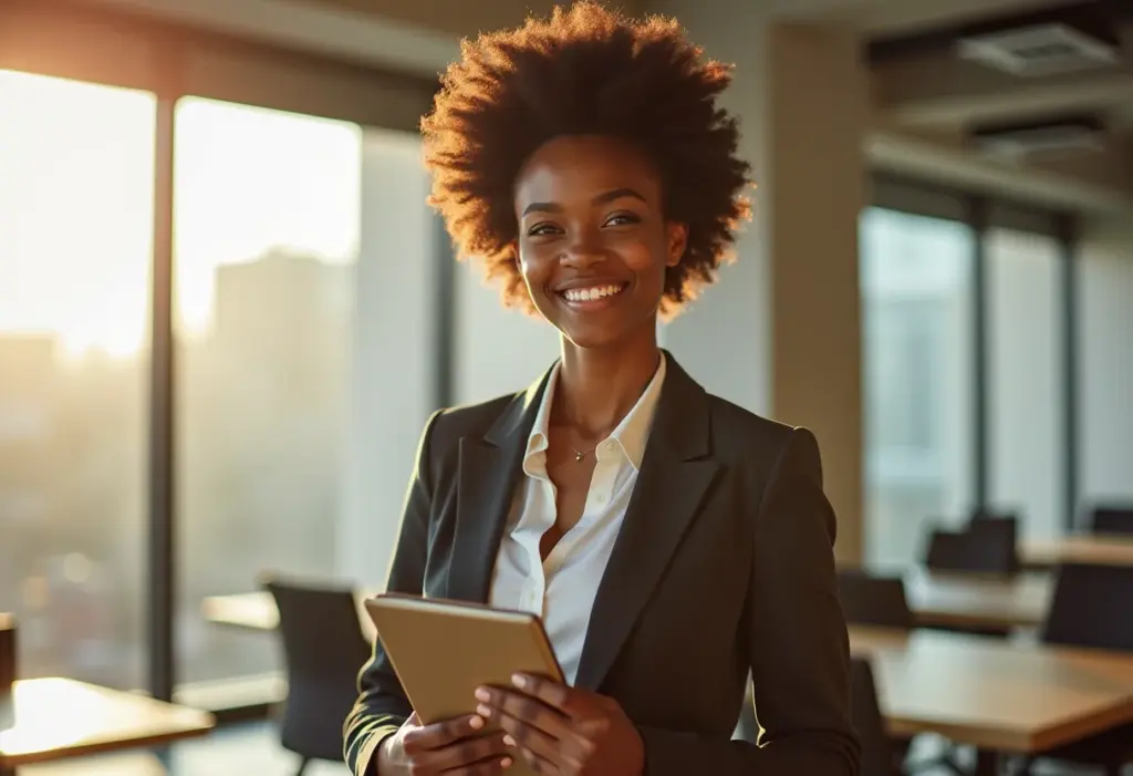 Mulher negra bem-sucedida em ambiente de trabalho moderno