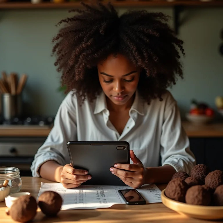 Mulher negra calculando custos de brigadeiros gourmet.