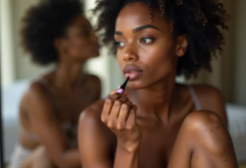 Estrias NUNCA MAIS: O truque da maquiagem que você precisa conhecer Mulher negra cobrindo estrias com maquiagem nas pernas