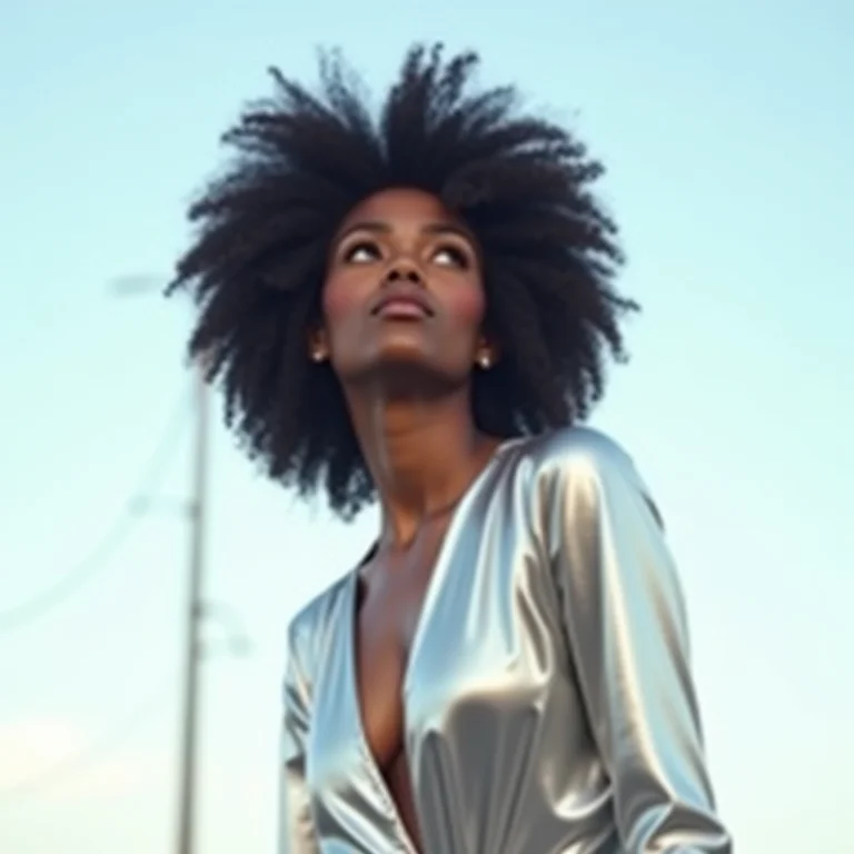 Mulher negra com cabelo cacheado olhando para o céu, inspirada por séries de ficção científica alienígena.