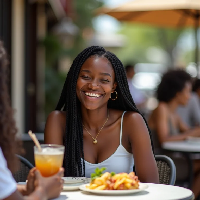 Mulher negra com tranças boxer rindo com amigas