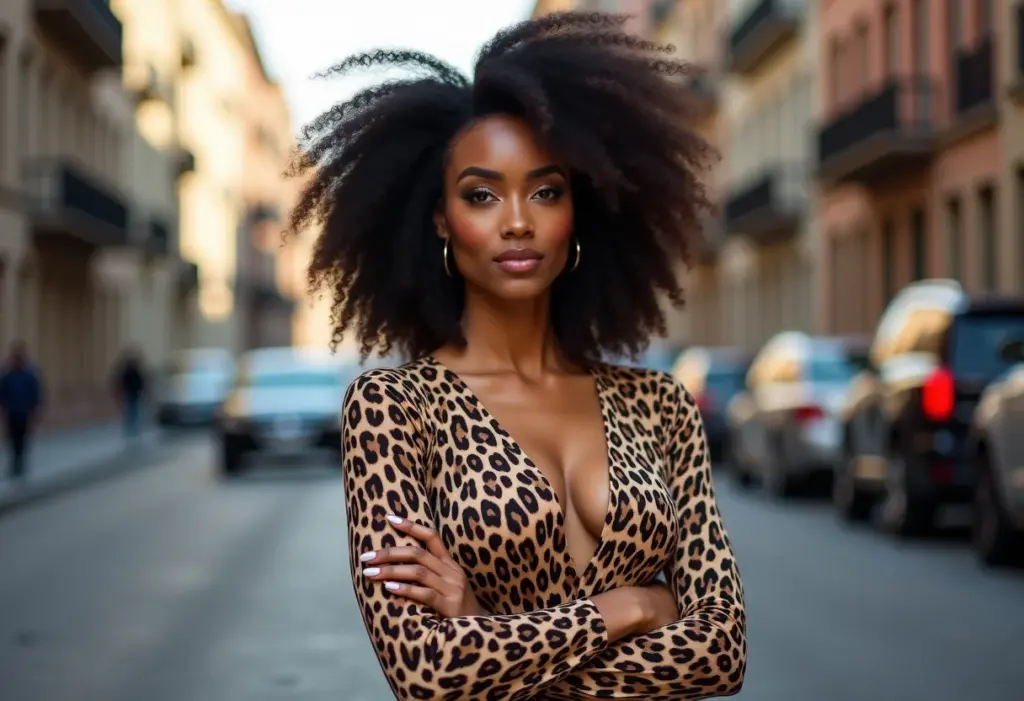 Mulher negra com vestido de oncinha estiloso