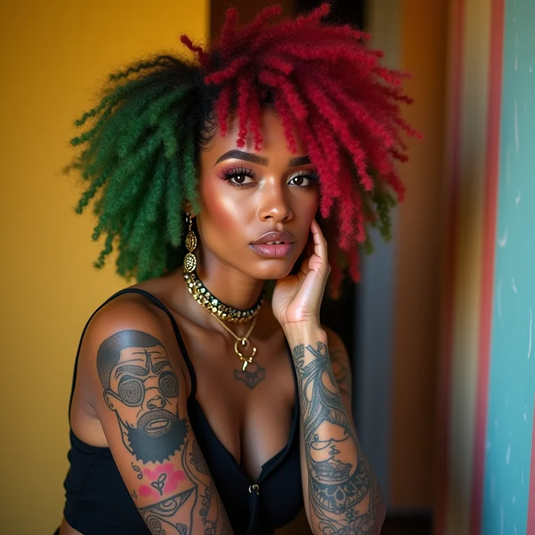 Mulher negra com visual rebelde, inspirada em Dennis Rodman.