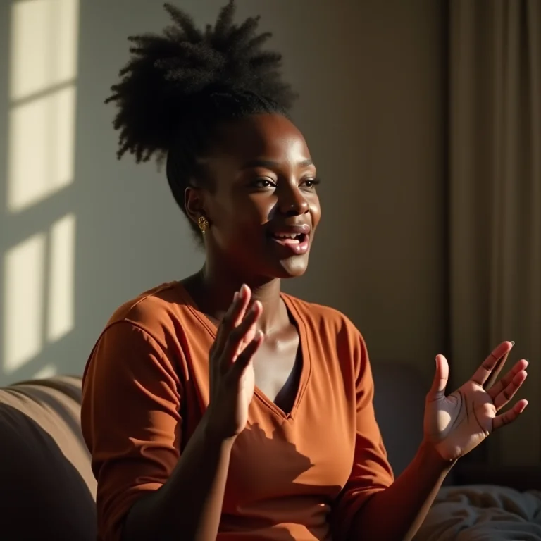 Mulher negra contando história durante entrevista de emprego.