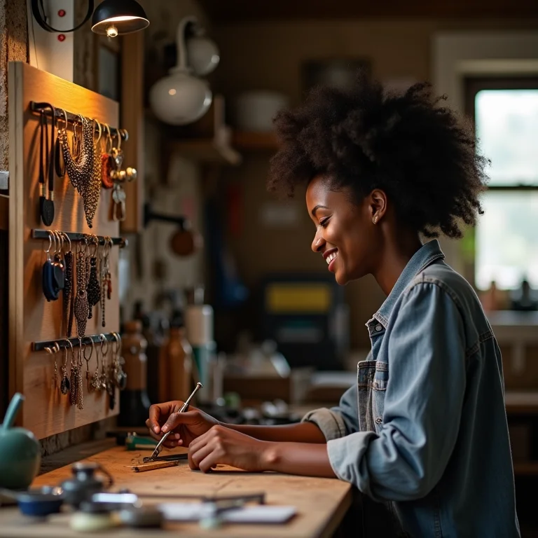 Mulher negra criando porta-joias de parede DIY