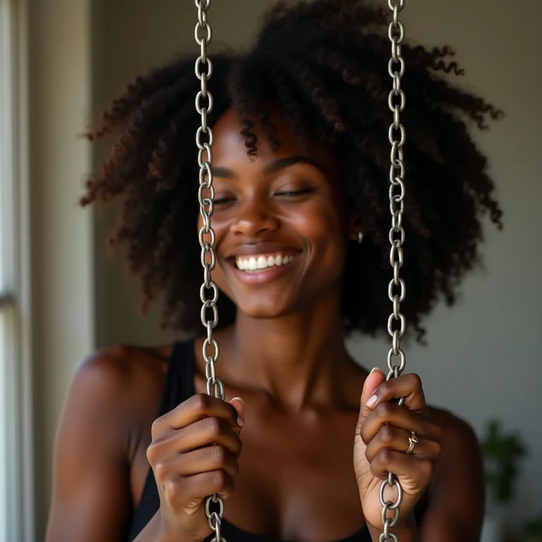 Mulher negra criando uma cortina de correntes DIY.
