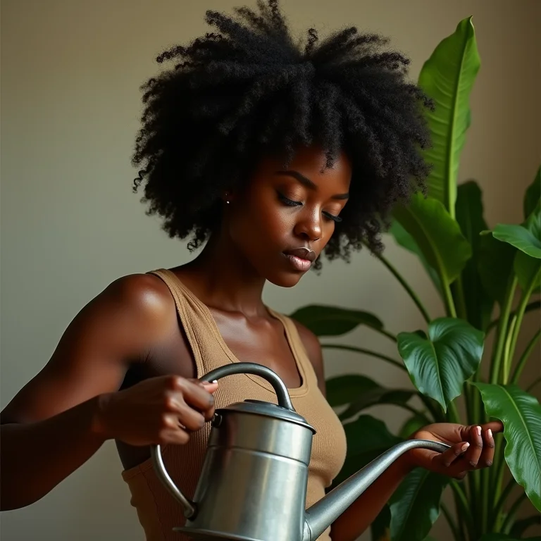 Mulher negra cuidando de sua Aspidistra elatior