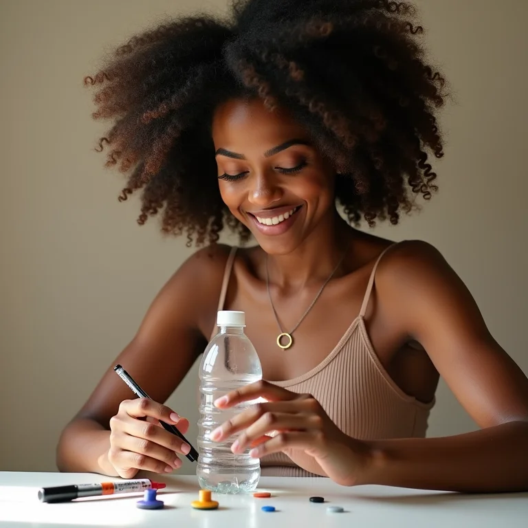 Mulher negra customizando porta-chaves de garrafa PET