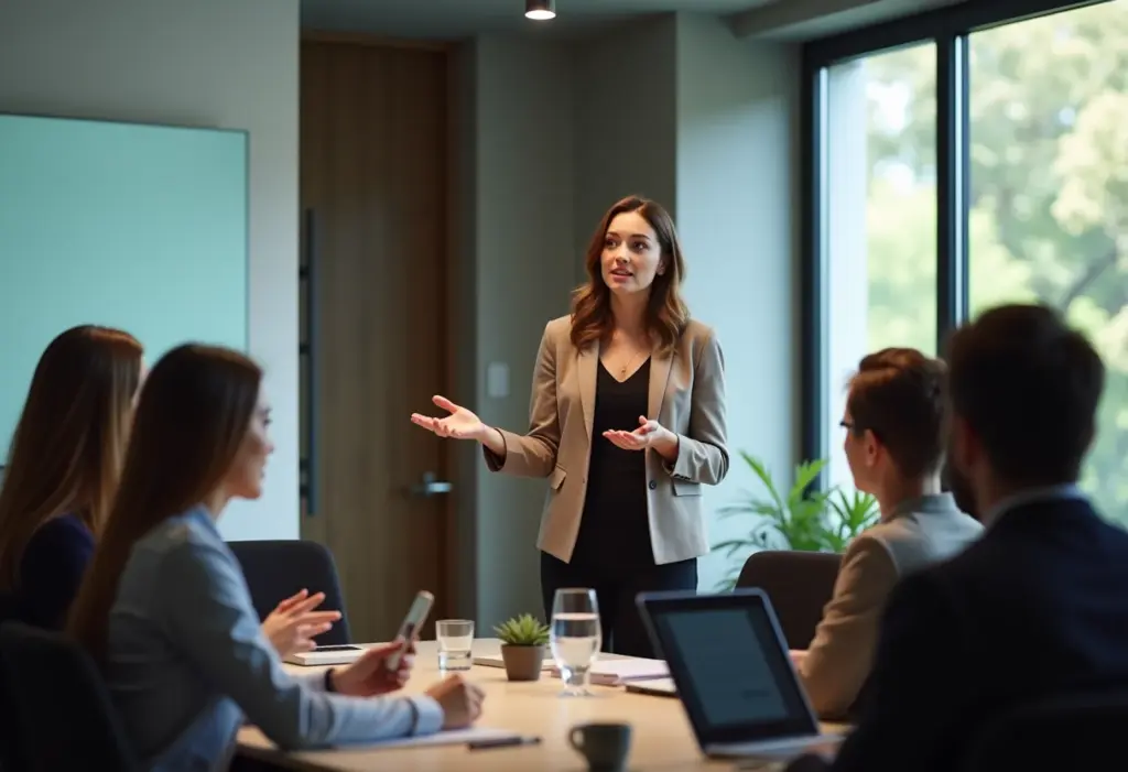 Mulher negra em apresentação de negócios gesticula com entusiasmo, prendendo a atenção da plateia