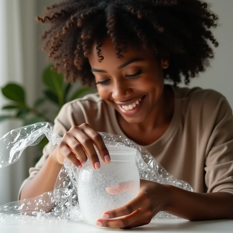 Mulher negra embalando objeto de vidro com plástico bolha.