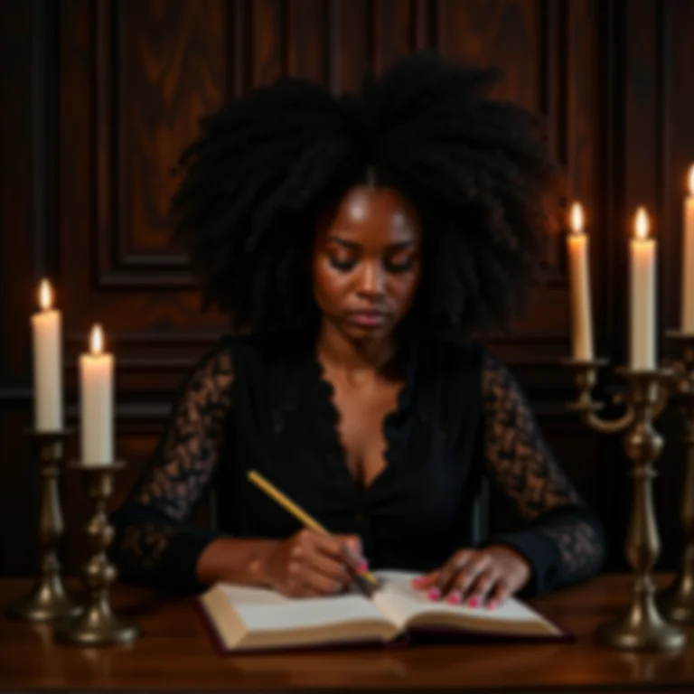 Mulher negra escrevendo em diário em ambiente gótico
