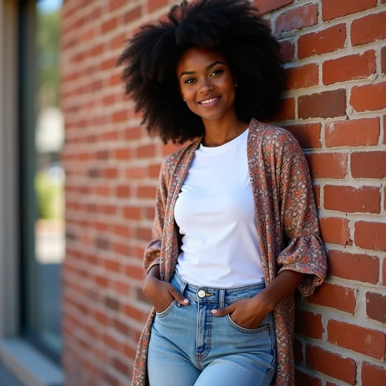 Mulher negra estilosa com quimono e jeans