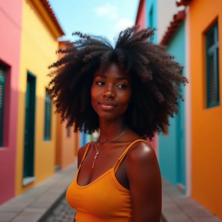 Mulher negra explorando as ruas coloridas de Pipa