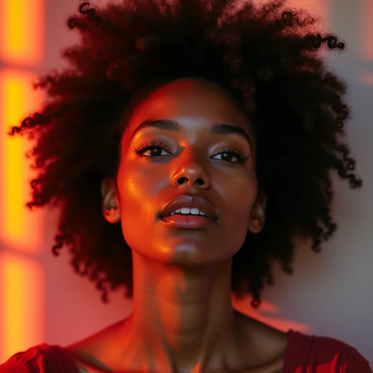 Mulher negra gesticula enquanto conta uma história, com um fundo colorido e expressivo.