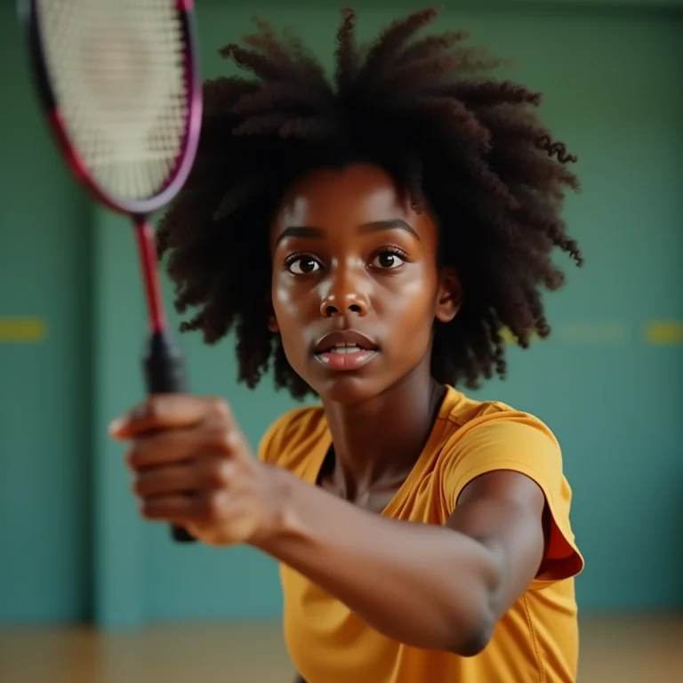Mulher negra jogando badminton com foco e determinação.