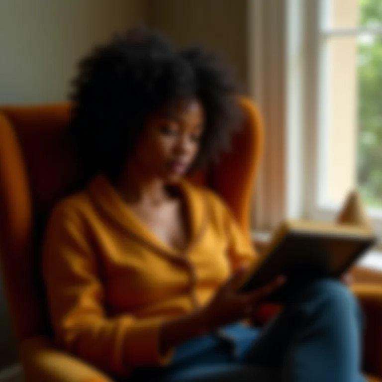 Mulher negra lendo um livro e refletindo.