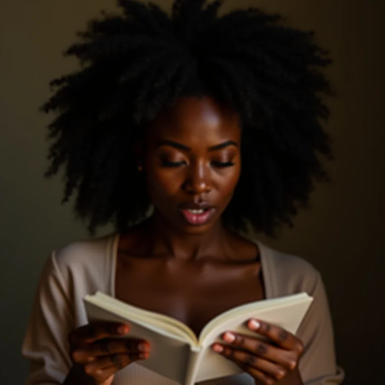 Mulher negra lendo um roteiro de peça teatral