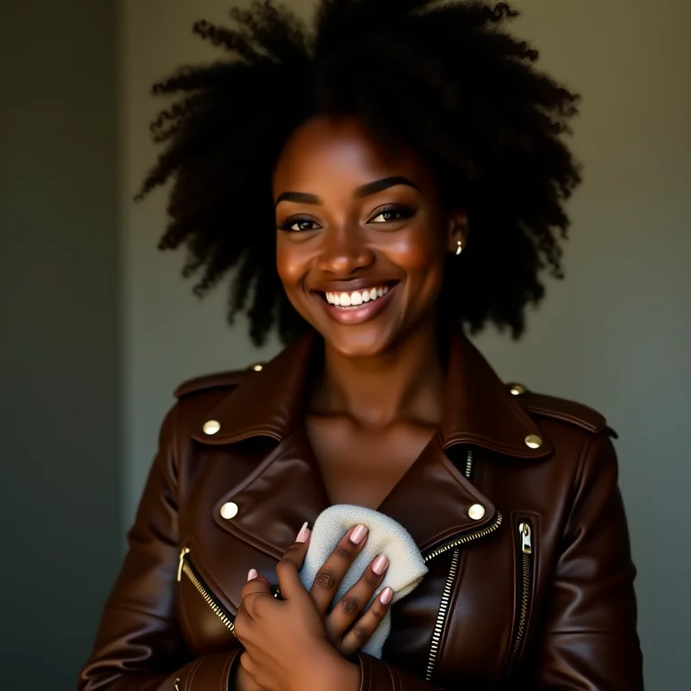 Mulher negra limpando jaqueta de couro