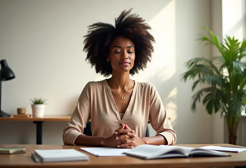 Yoga no trabalho: 5 benefícios que vão te surpreender (e relaxar) Mulher negra meditando no trabalho para relaxar