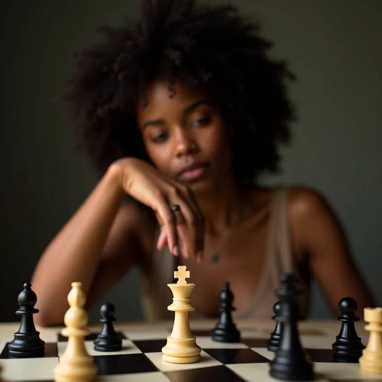 Mulher negra movendo uma rainha no tabuleiro de xadrez.