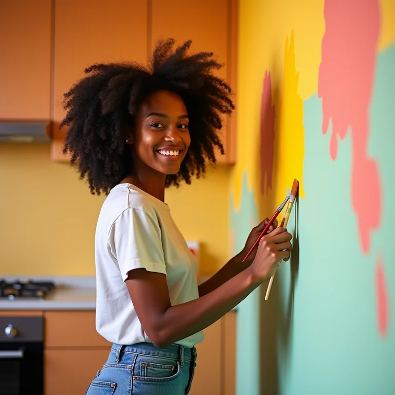 Mulher negra pintando a parede da cozinha com tinta colorida