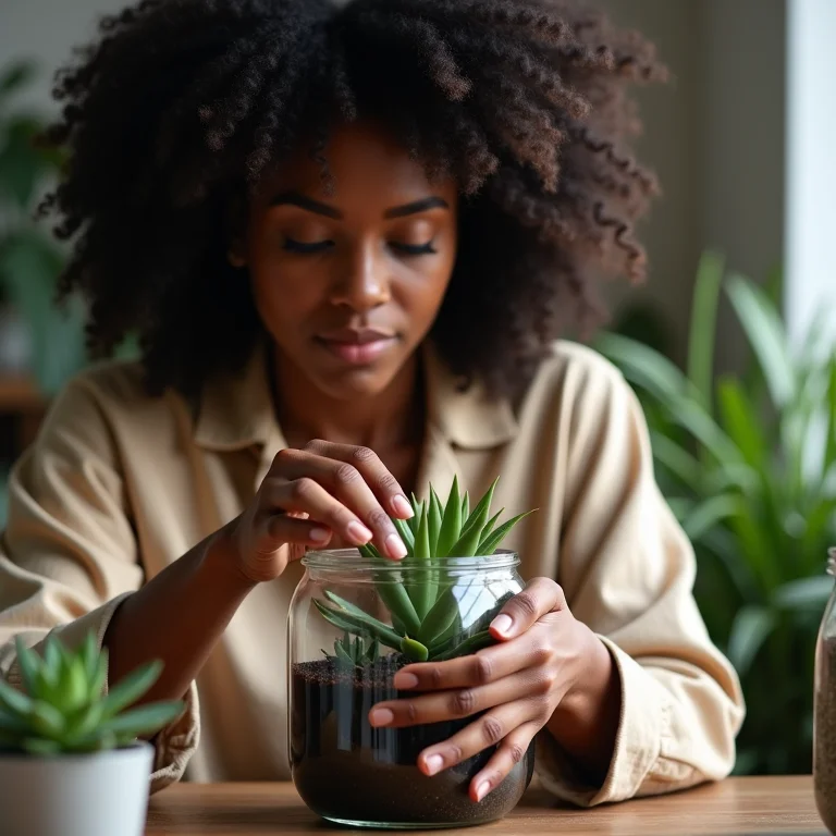 Mulher negra plantando suculenta em terrário.
