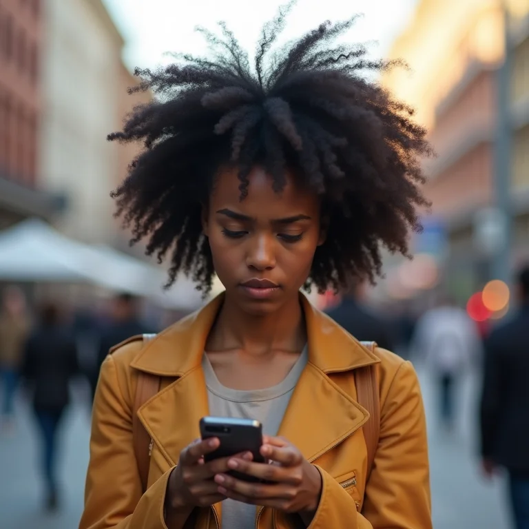 Mulher negra preocupada com a segurança de seus dados.