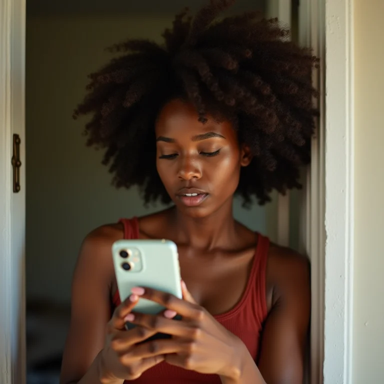Mulher negra preocupada olhando para o celular.