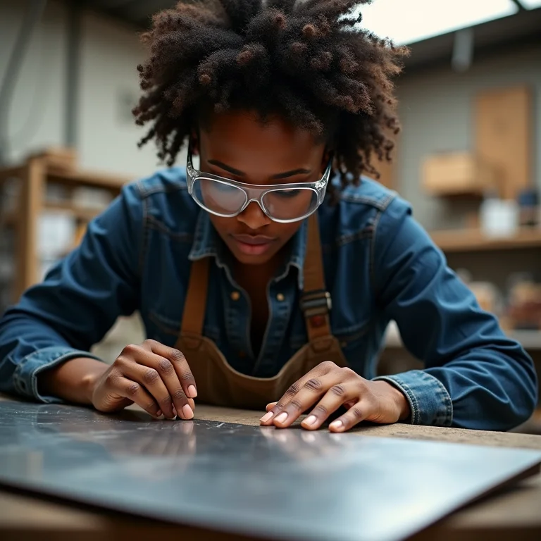 Mulher negra preparando metal para criar suporte de celular
