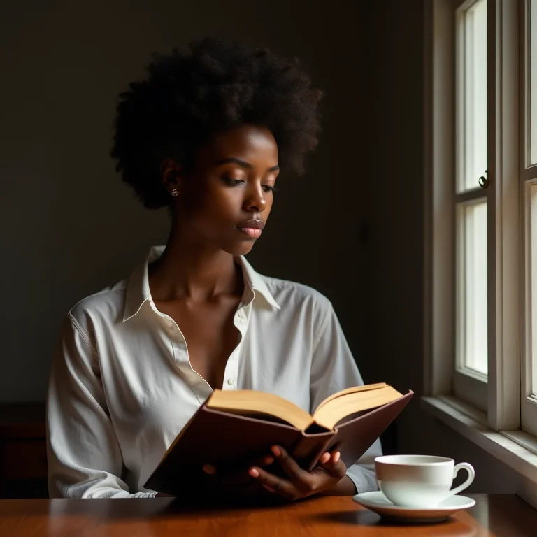 Mulher negra segurando um livro com expressão pensativa.