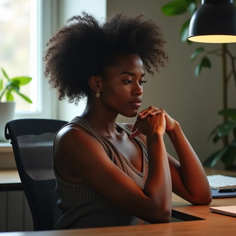 Mulher negra sentada incorretamente em cadeira não ergonômica